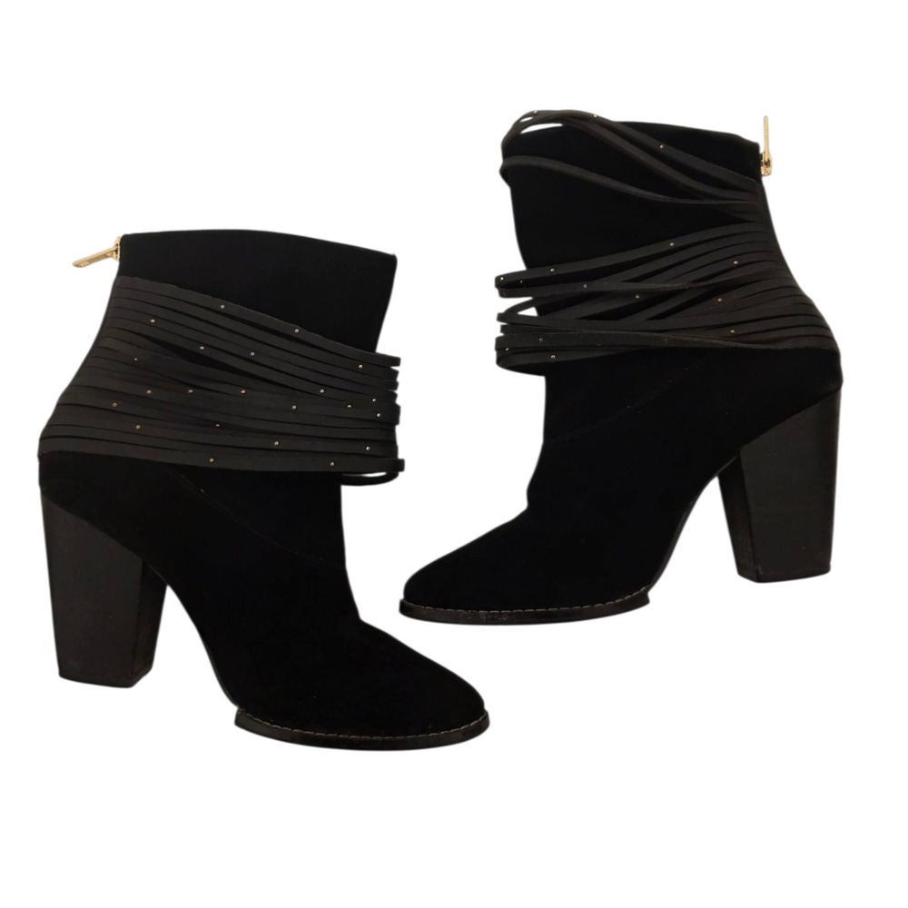 Kelsi Dagger Black Suede Fringe Ankle Boots Block Heel Zip Size 6.5 - Picture 8 of 8